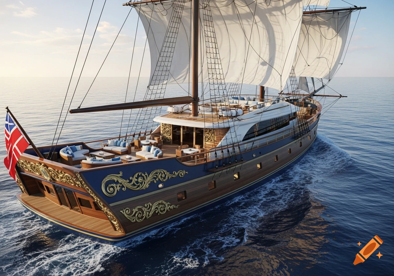 A grand superyacht styled as an 18th-century sailing ship, with white sails and ornate blue and gold details, glides on calm waters.