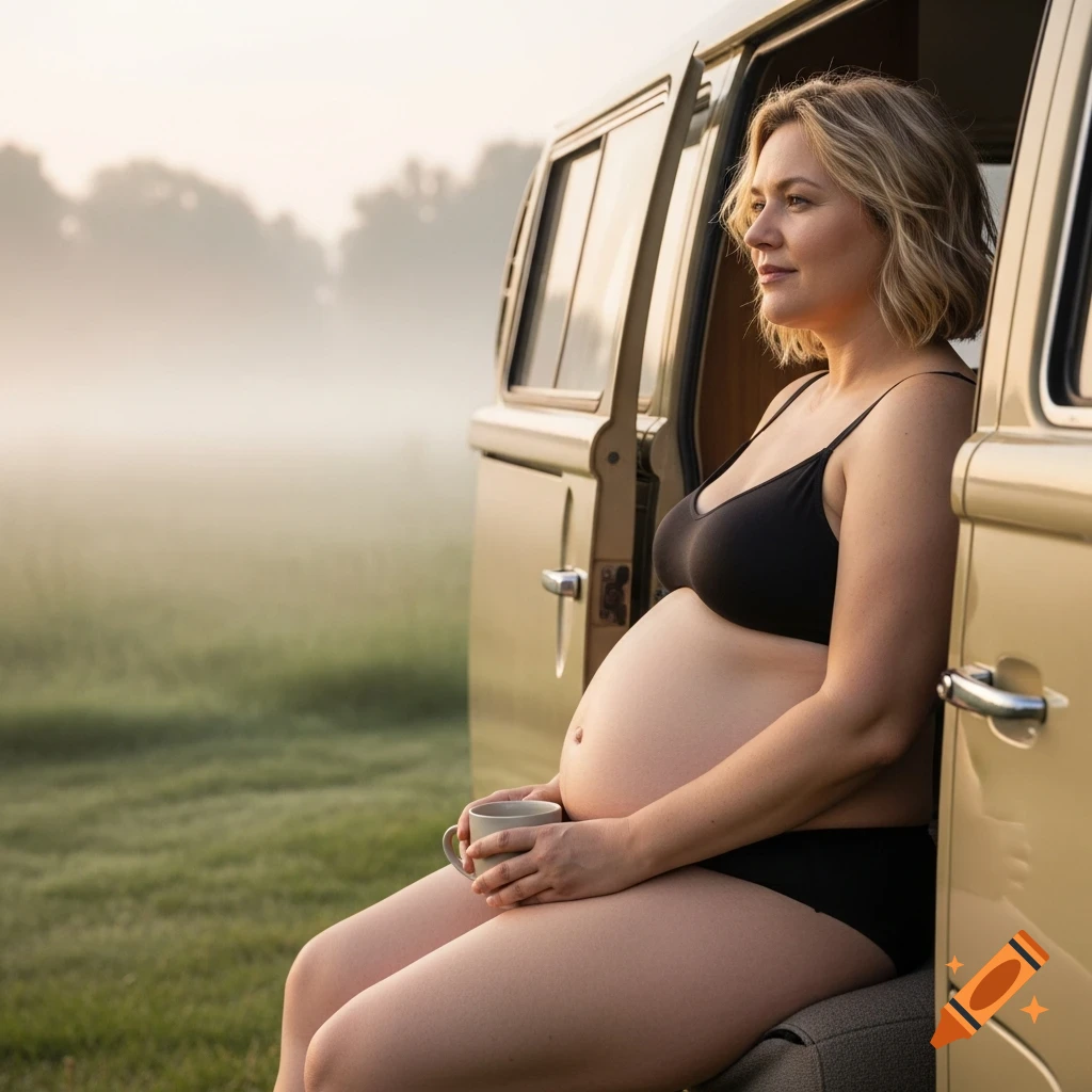 A pregnant woman in a black bra and panties sits in an open camper van door, holding a coffee cup, gazing into a misty morning meadow.