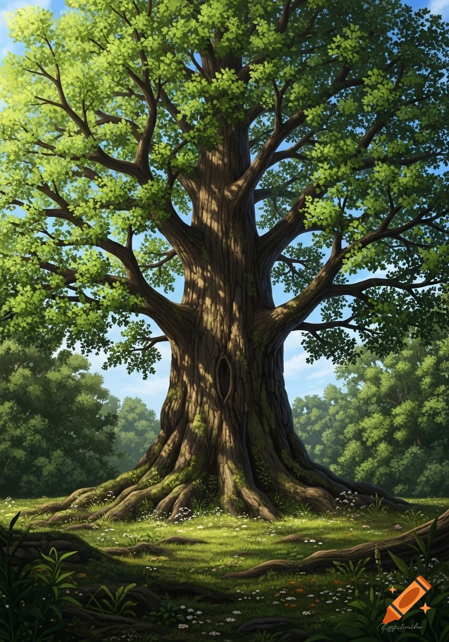 A large, ancient tree with a massive trunk and sprawling roots stands in a vibrant green forest clearing under a bright blue sky, in an illustrative style.