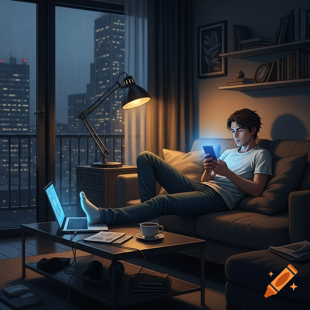 Anime style young man relaxes on a couch, looking at his phone, with a laptop and city lights in the background.