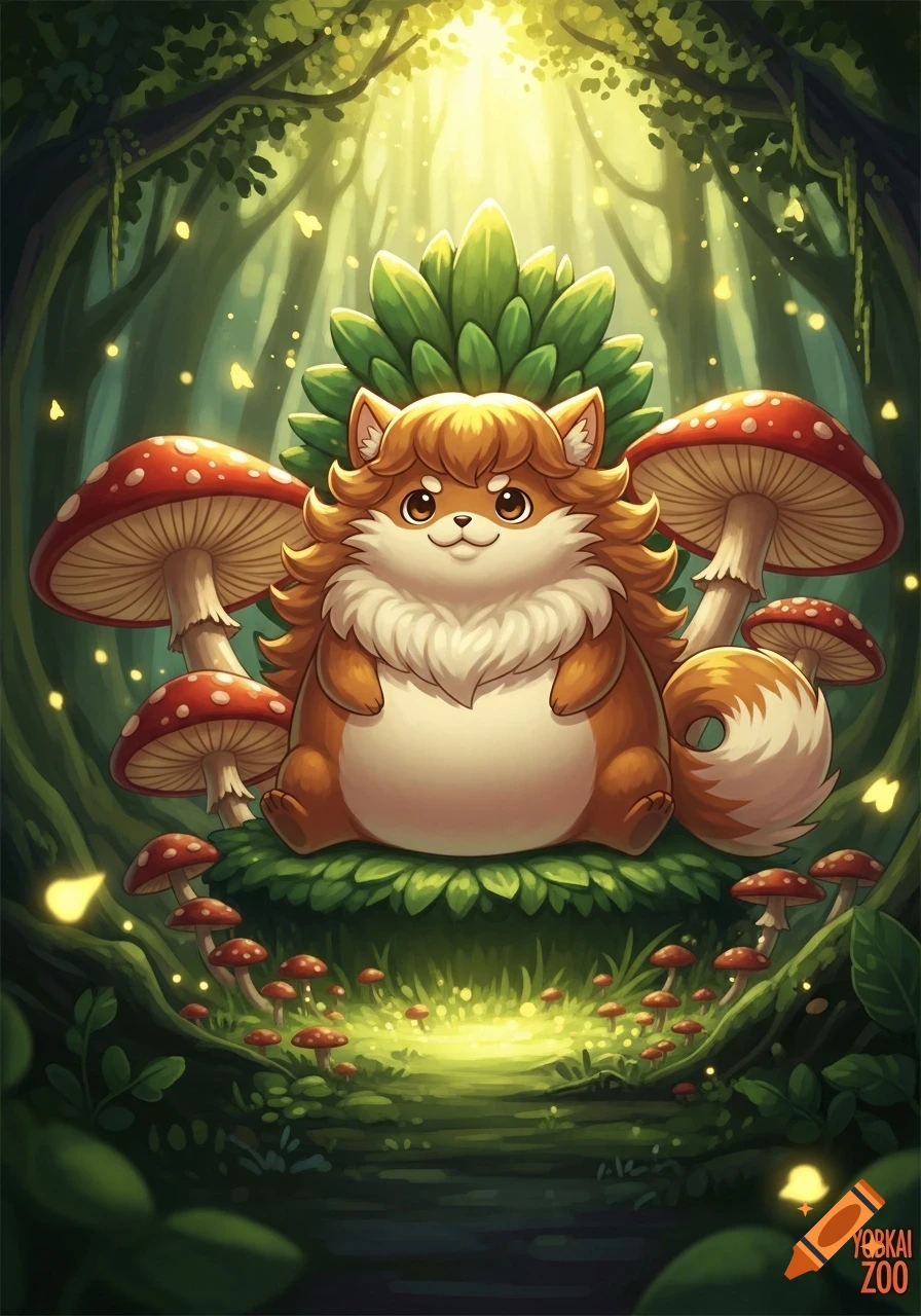 A cute, fluffy, round orange and white creature with big ears sits among large red spotted mushrooms in a vibrant, glowing fantasy forest.