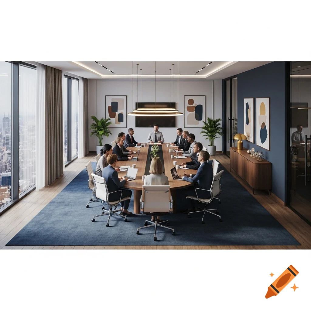 Photorealistic image of a business meeting in a modern conference room with large windows overlooking a city.