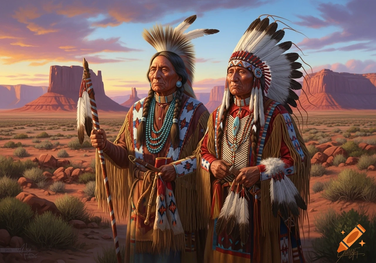 Two elderly Indigenous men in traditional attire and feathered headdresses stand in a vast desert landscape at sunset, a realistic painting.
