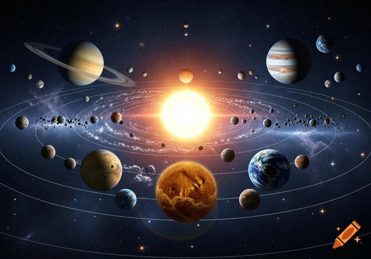 Vibrant illustration of a solar system with a bright sun, multiple planets, and asteroid belts orbiting in a starry deep space.