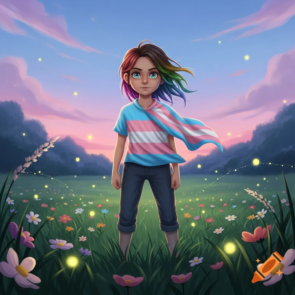 An illustrated young person with rainbow hair and a transgender flag cape stands in a field of colorful flowers at sunset.