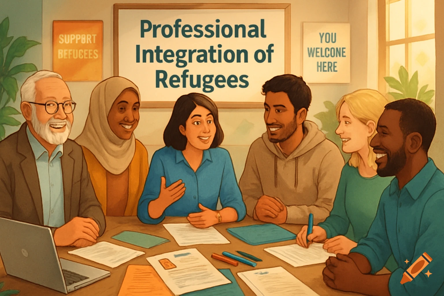 Illustration of a diverse group of people sitting around a table, with signs that read "Professional Integration of Refugees" and "YOU WELCONE HERE".
