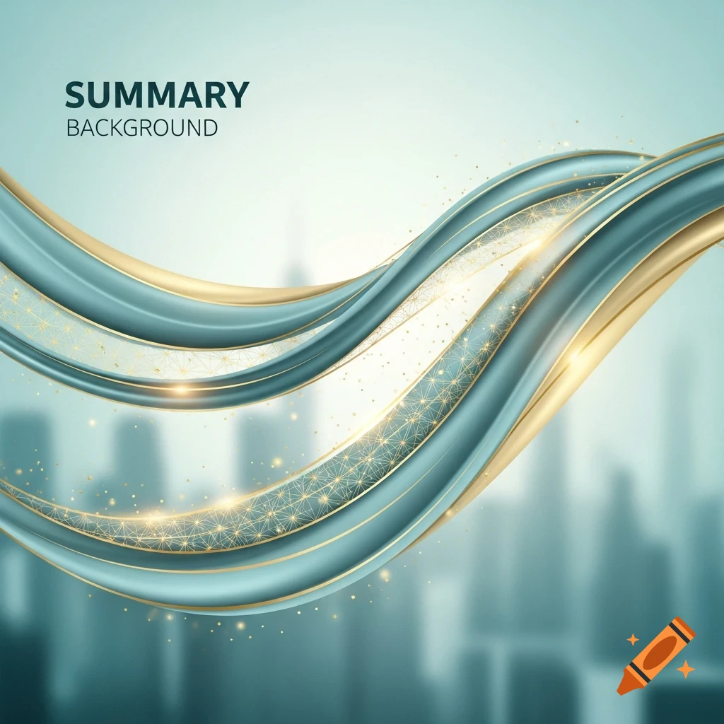 Abstract background with flowing teal and gold ribbons, shimmering gold patterns, and a blurred cityscape.