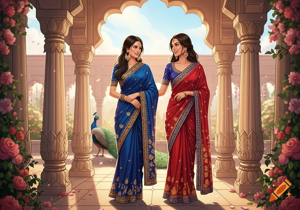 Two women in blue and red saris smile while standing under an ornate Indian archway with roses and a peacock, digital art.