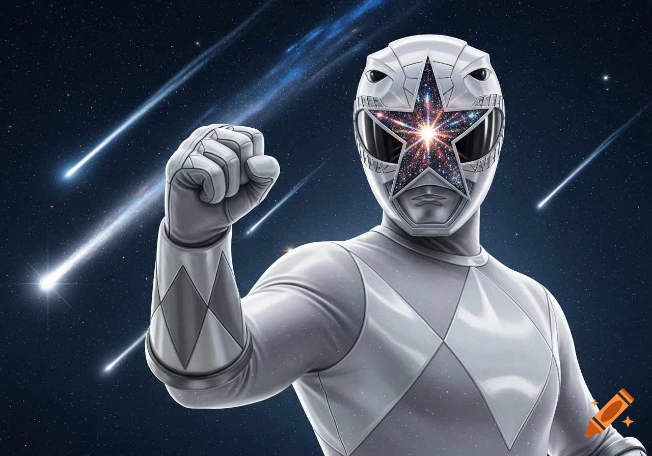 A white Power Ranger-like superhero with a galaxy in their star-shaped visor poses with a raised fist in outer space with shooting stars.