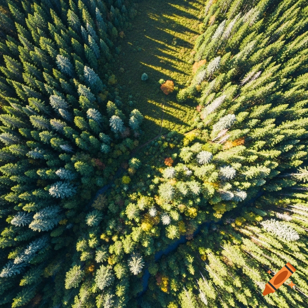 An aerial drone view of a lush green forest with a mix of pine and fir trees, showing long shadows.