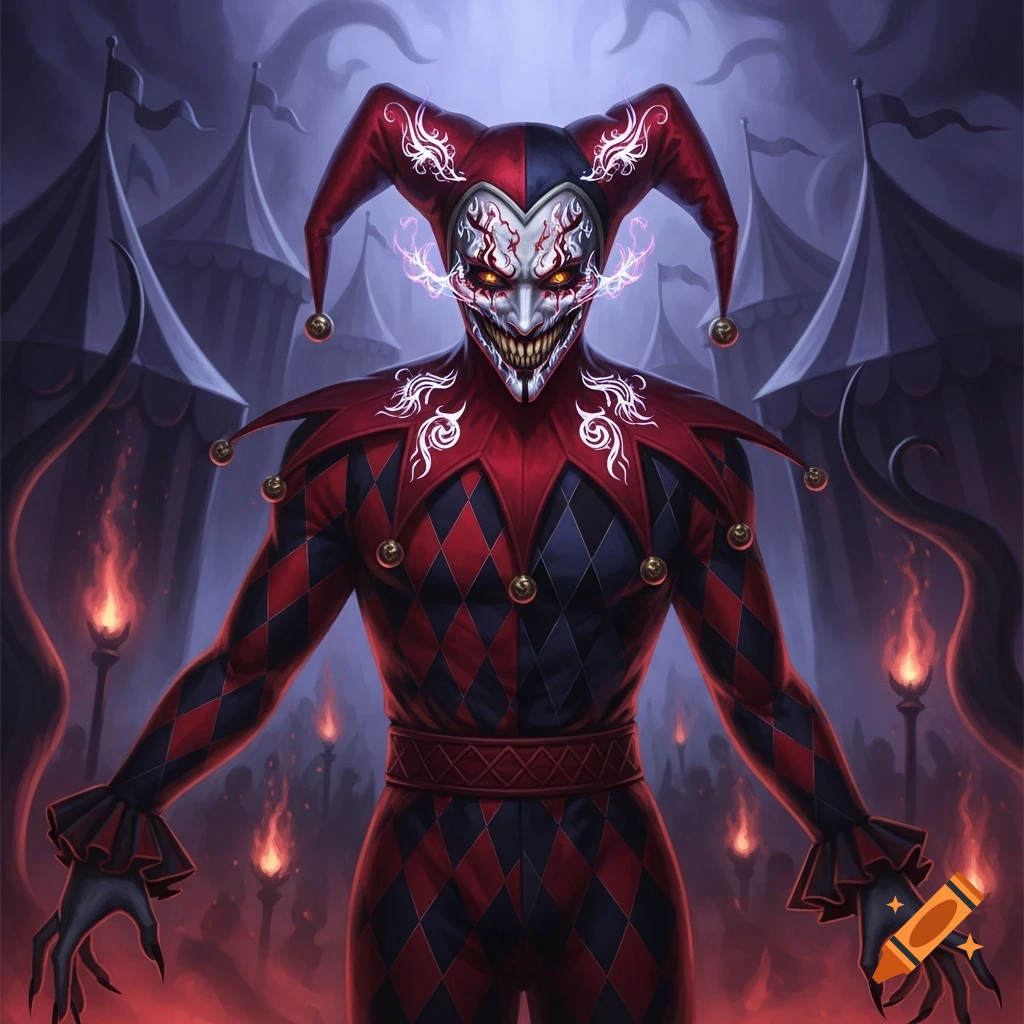 A menacing demon jester with sharp teeth, glowing eyes, and a red and black suit stands in front of dark circus tents and torches.