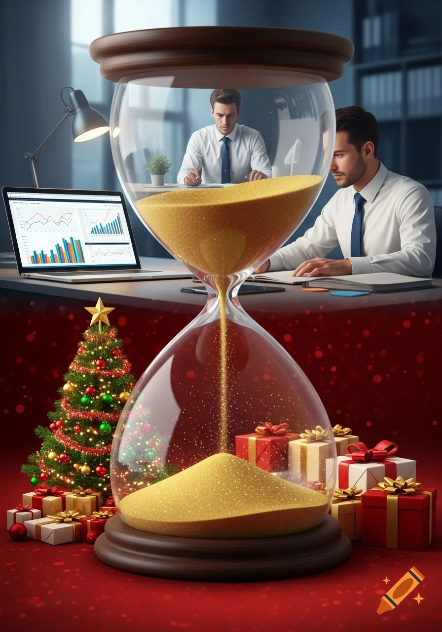 A large hourglass shows an office scene with working men in its upper section and a festive Christmas scene below, with golden sand flowing.
