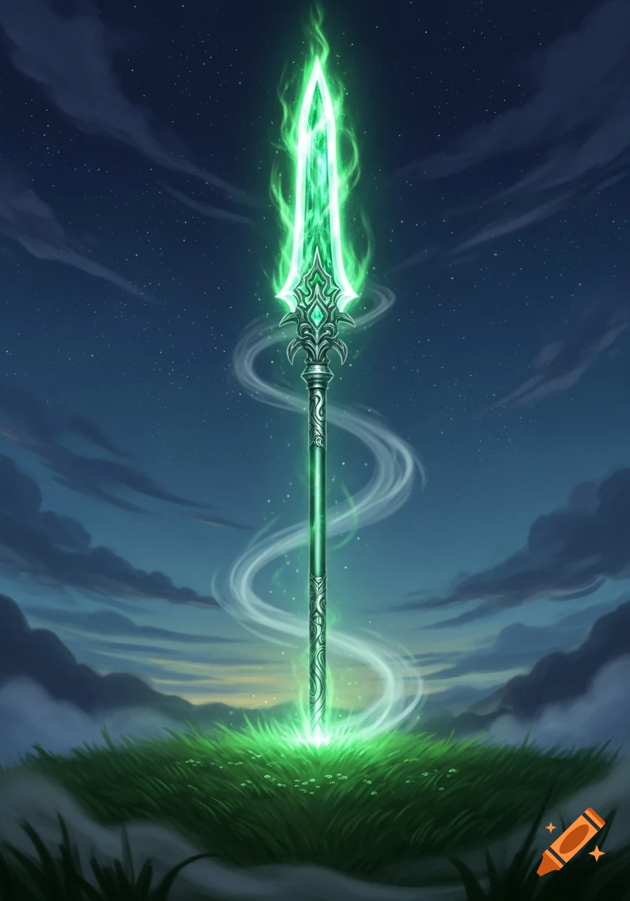 A glowing green emerald guandao spear stands upright on a grassy hill under a starry night sky, emanating green light and white swirling energy.