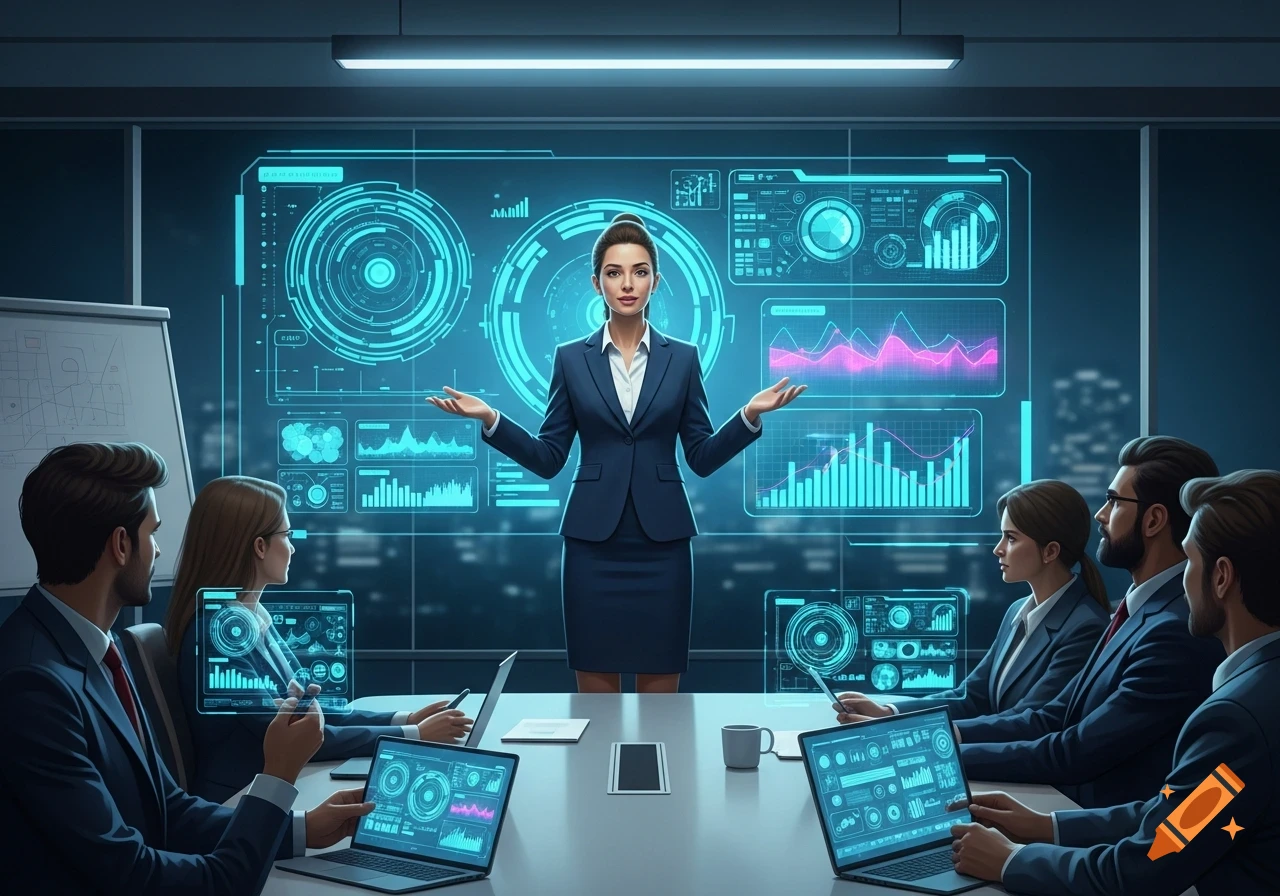 A woman in a suit presents in a modern conference room with a large holographic data display to a group of professionals.