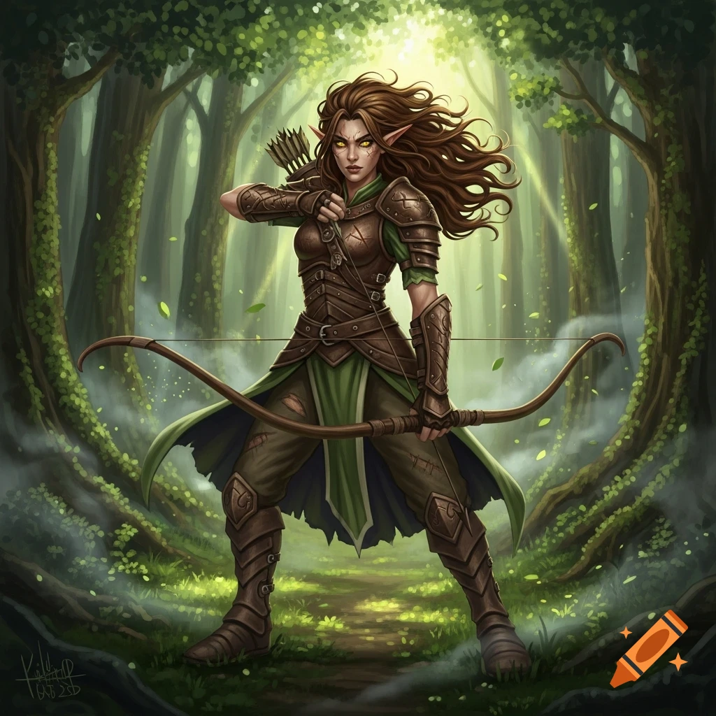 A battle-worn woodelf archer with brown hair and yellow eyes, poised with a bow in a magical, sun-dappled forest.