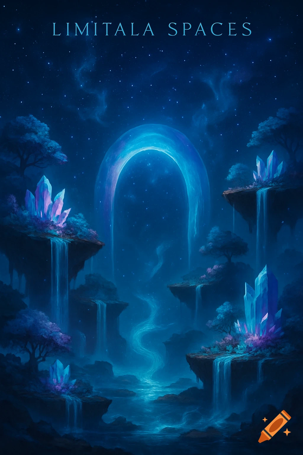 A fantastical dark blue landscape with floating islands, glowing crystals, waterfalls, a cosmic arch, and a starry sky, with the text "LIMITALA SPACES" at the top.