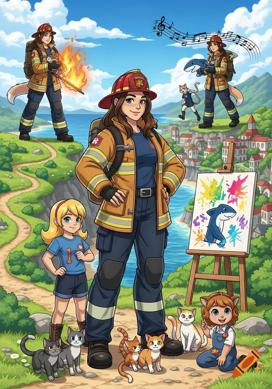 Cartoon scene with a female firefighter in the foreground, two smaller versions of her in the background, two girls, and several cats. The setting is a scenic coastal town with houses and mountains.