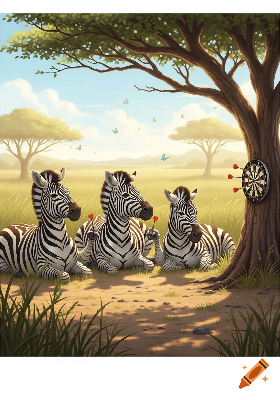 Three cartoon zebras sitting under a tree in a savanna, playing darts with a dartboard attached to the tree.