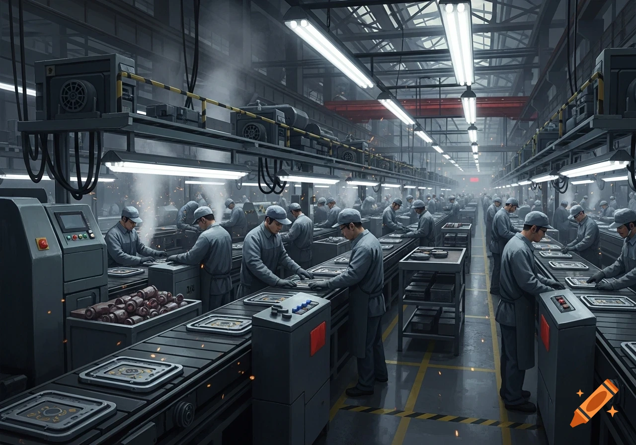 A long, dimly lit factory floor with numerous workers in gray uniforms operating machinery on a continuous assembly line.