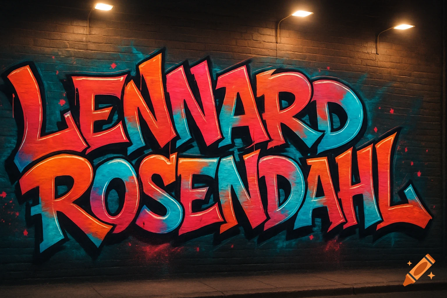 Vibrant graffiti of "LENNARD ROSENDAHL" in orange, pink, and blue, under two bright spotlights on a dark brick wall.