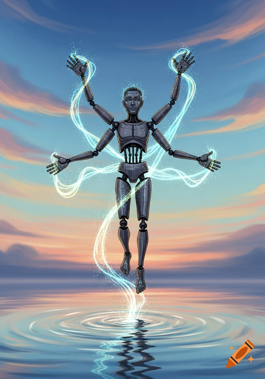 An artistic illustration of a dark gray, multi-armed robotic figure levitating over calm water at sunset, surrounded by glowing light trails.