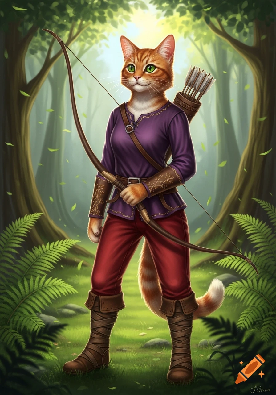A ginger cat archer with green eyes in medieval attire, holding a bow and quiver, stands in a mystical forest clearing.