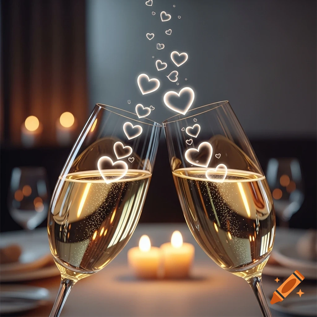 Two champagne glasses clinking, with glowing hearts rising from the liquid against a blurred, romantic candlelit background.