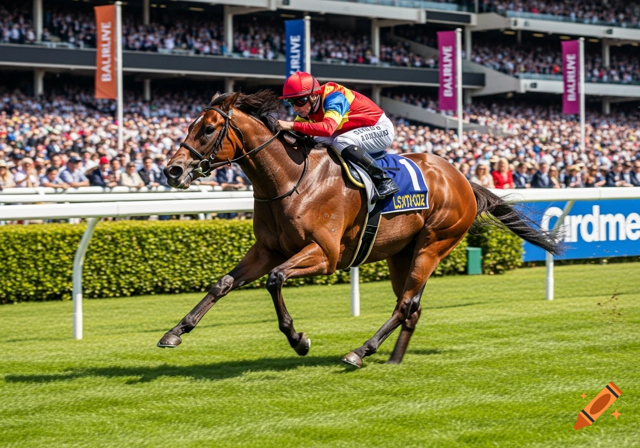 A brown racehorse with a jockey in a colorful uniform gallops on a green turf track with a crowd in the grandstands in the background, captured mid-stride.