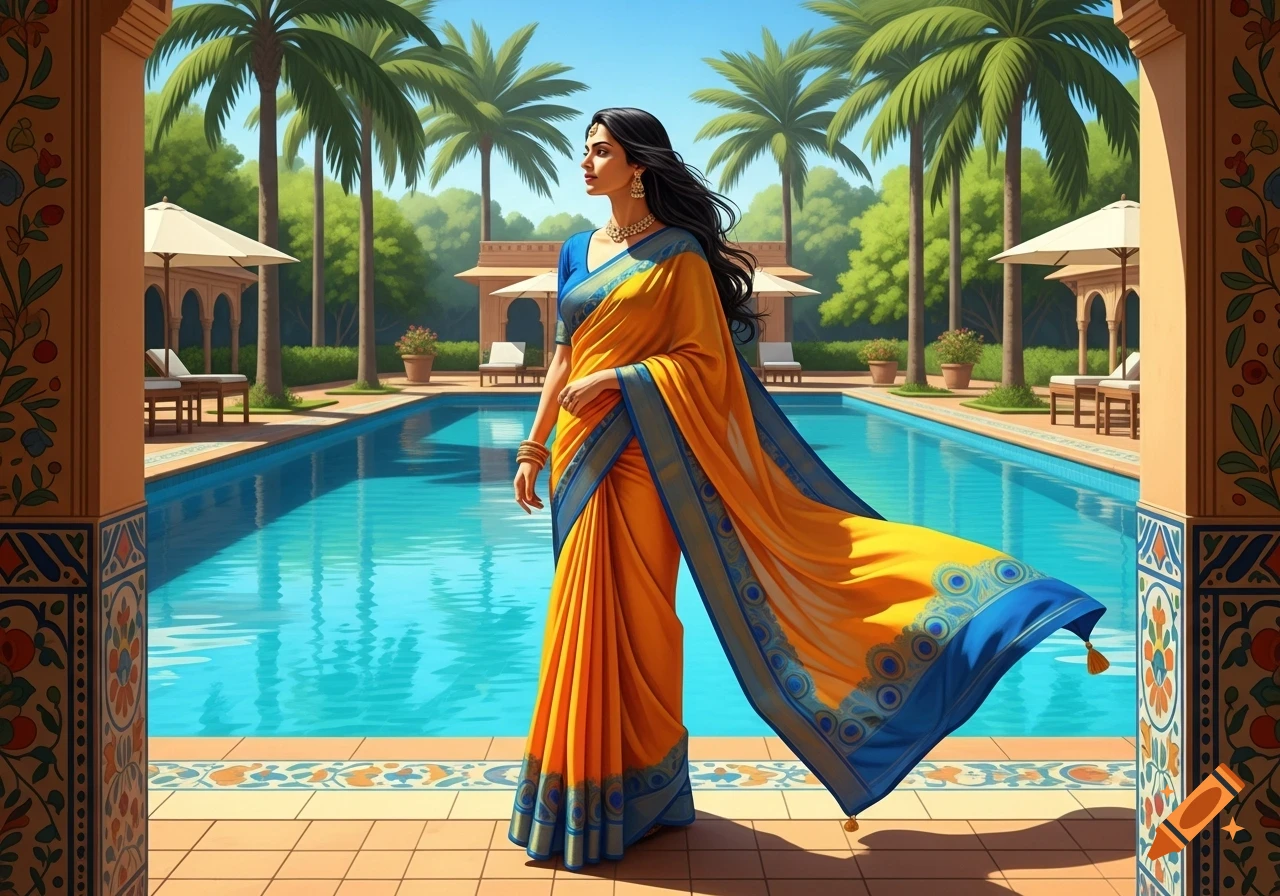 Indian woman in an orange and blue sari stands by a blue swimming pool with palm trees and ornate architecture under a clear sky.