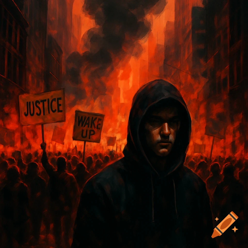 A hooded figure stands amidst a fiery protest in a dark city, with signs displaying 'JUSTICE' and 'WAKE UP'.