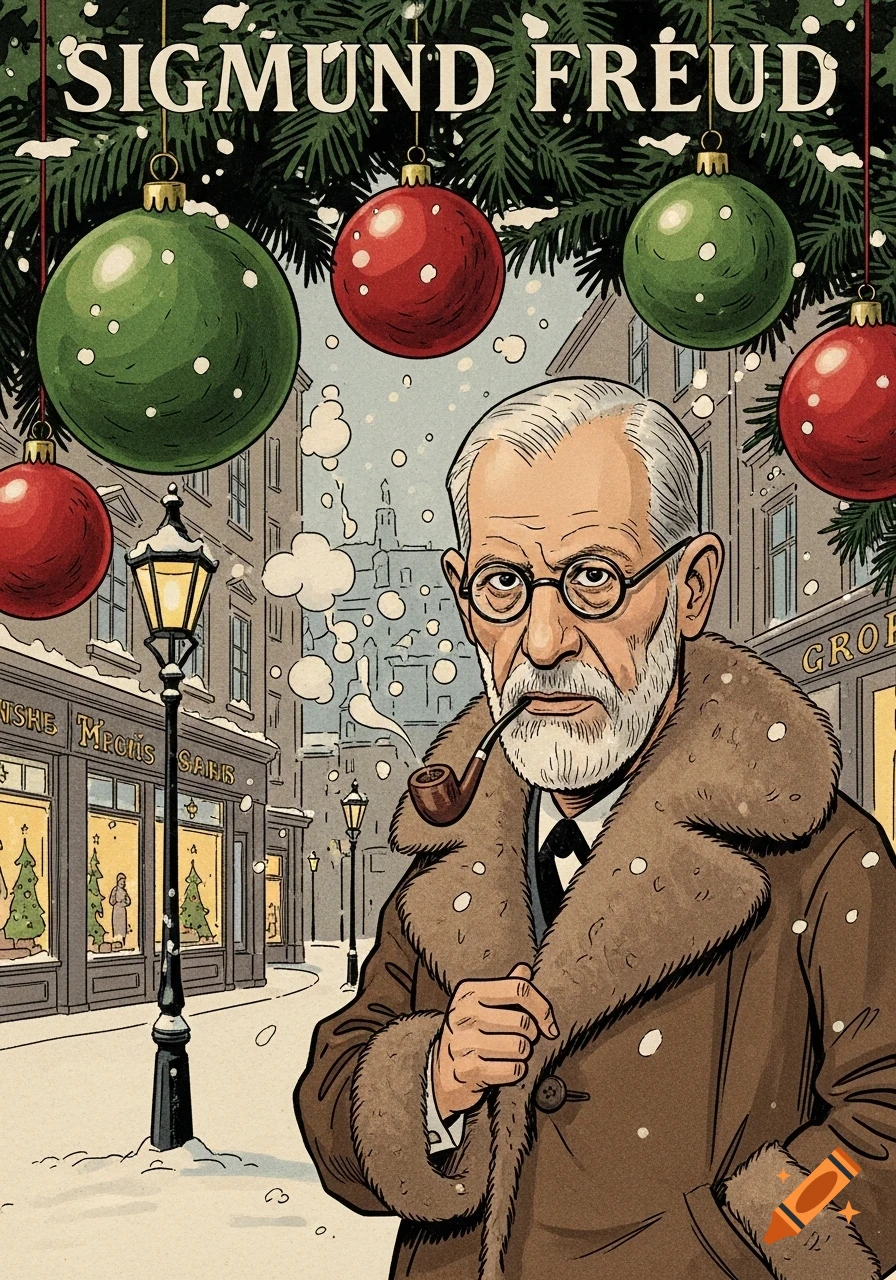 Comic art portrait of Sigmund Freud holding a pipe in a snowy, festive street with Christmas ornaments above.