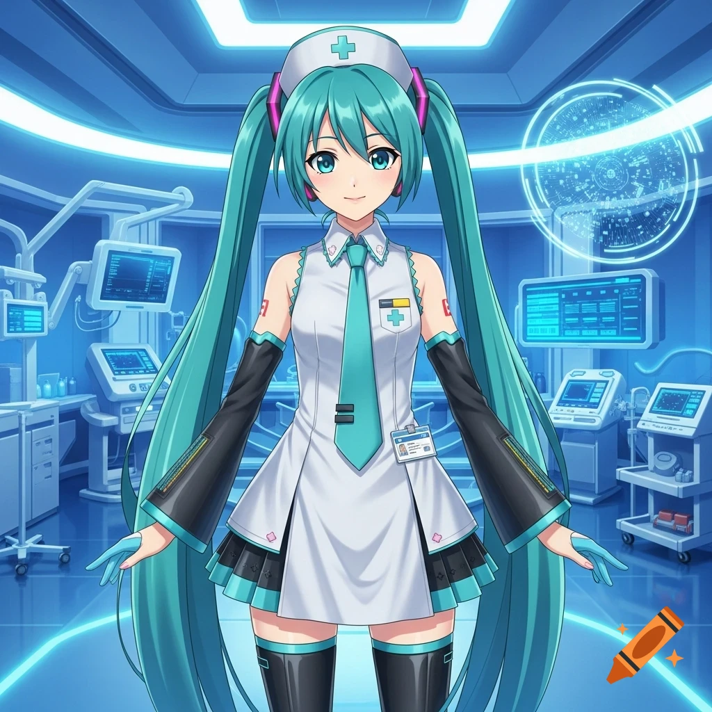 An anime character with long turquoise pigtails wears a white nurse uniform with a teal tie, in a futuristic blue medical lab.