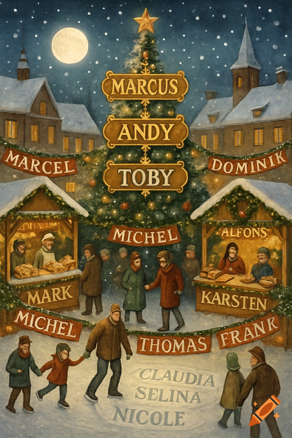 A snowy, watercolor-style Christmas market scene at night with a large ...