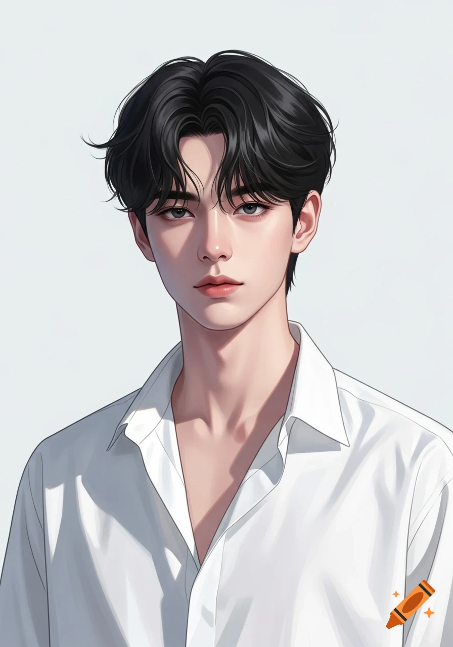 Anime-style portrait of a young man with wavy black hair, wearing a white shirt against a blank background.