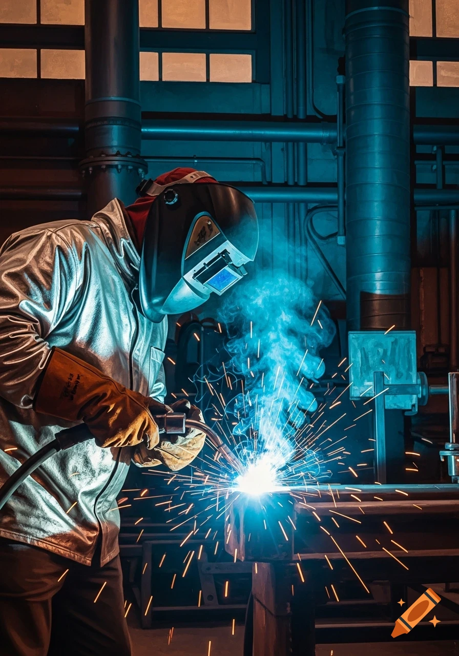 A welder in a silver jacket, helmet, and gloves creates bright sparks in an industrial setting.