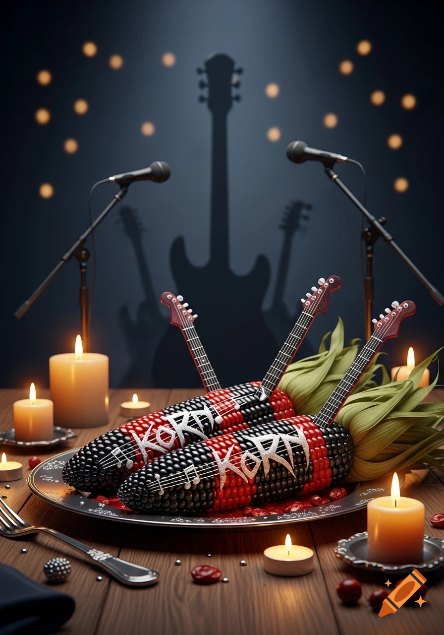 Two corn cobs decorated as guitars with "KoRn" logos, served on a plate with candles, microphones, and guitar shadows in a dark, stylized setting.