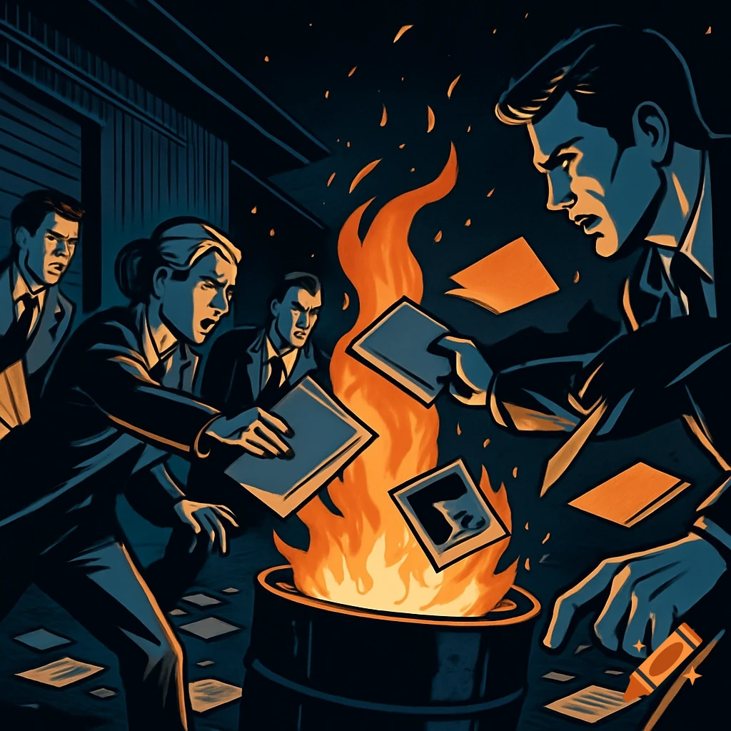 Men in suits frantically throw documents and photos into a burning barrel behind a dark warehouse at night, in a graphic novel style with bold lines and flat colors.