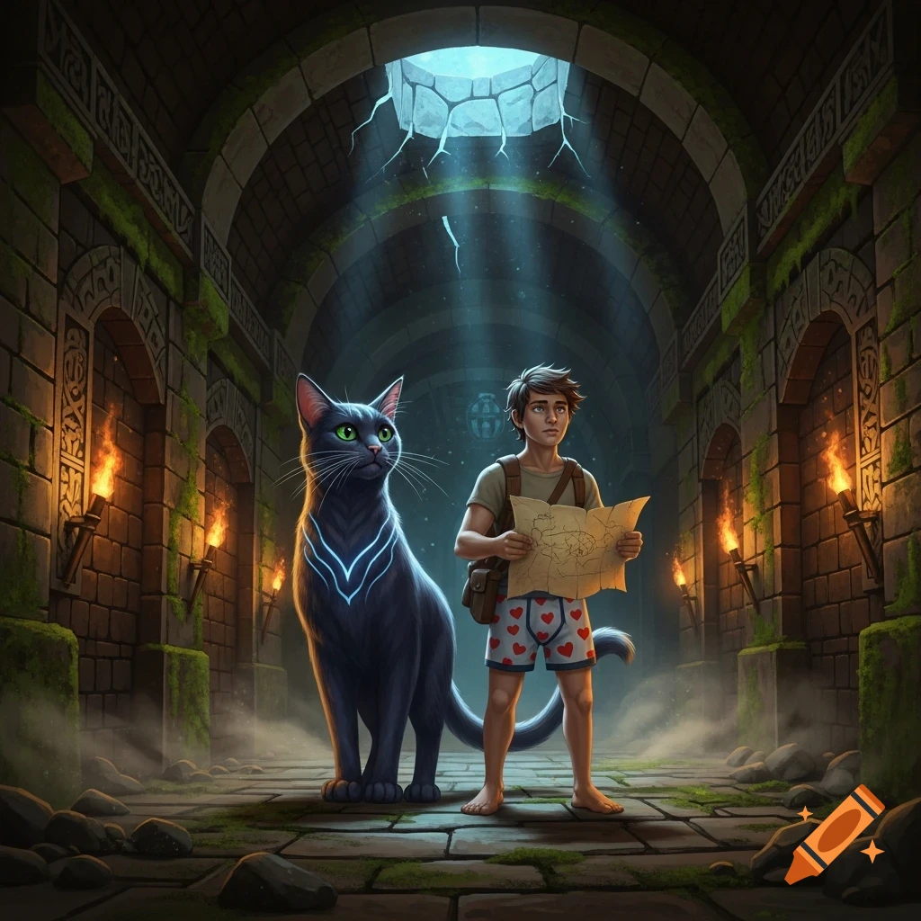 A boy in heart-patterned boxer shorts and a glowing black cat explore a torch-lit dungeon with a map.