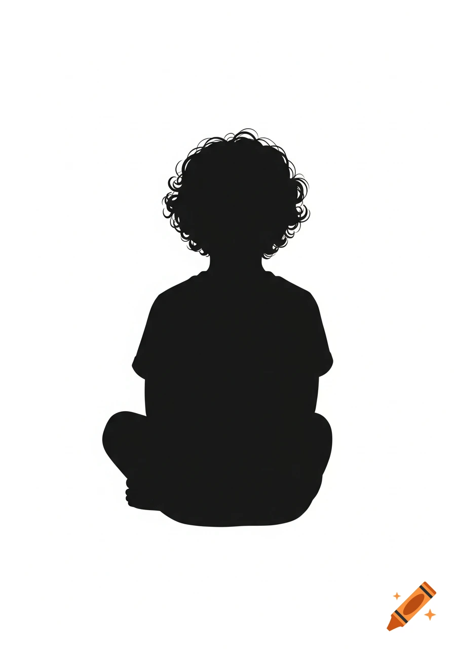 Black silhouette of a curly-haired person sitting with their back to the viewer on a white background.