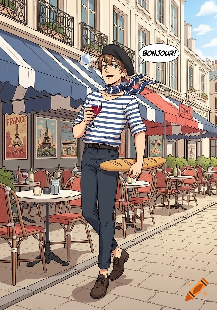 A man in a beret and striped shirt walks down a Parisian street with a baguette and wine, saying "Bonjour!" in a comic art style.