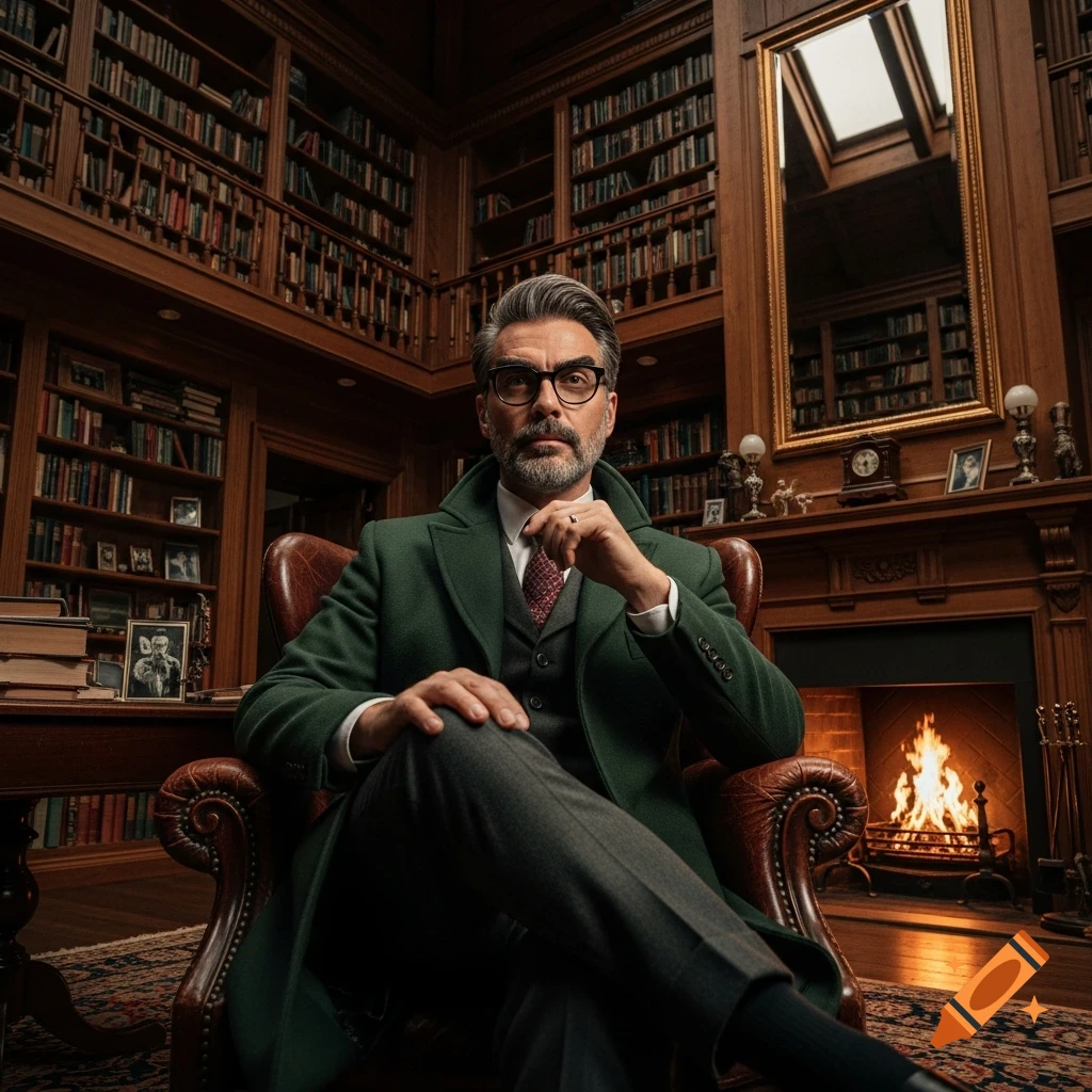A distinguished man in a green coat sits in a luxurious library armchair by a fireplace.