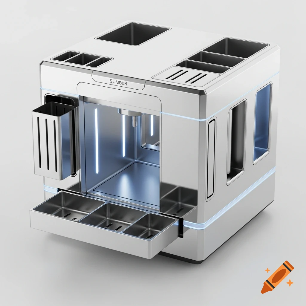 A sleek, silver modular kitchen storage device with blue glowing accents, various compartments, and a pull-out tray.