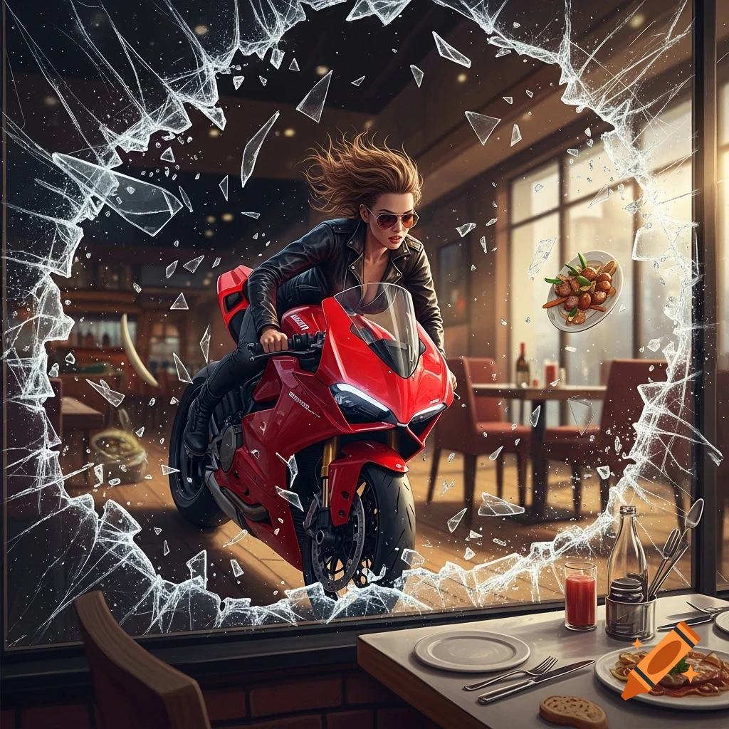 Digital art shows a woman on a red motorcycle crashing through a restaurant window with glass shards flying.