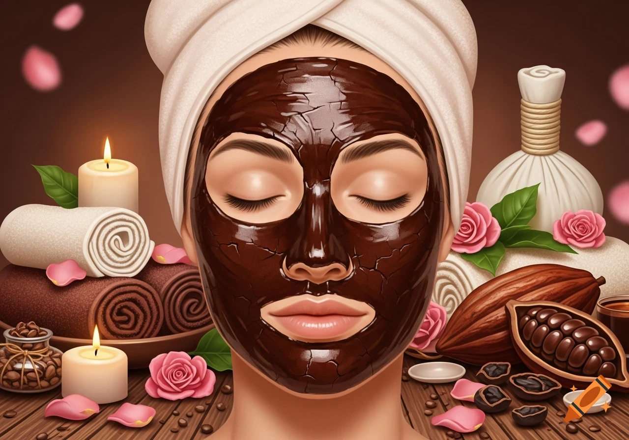 Illustration of a person wearing a chocolate face mask, eyes closed, surrounded by spa candles, rolled towels, rose petals, and cocoa pods.