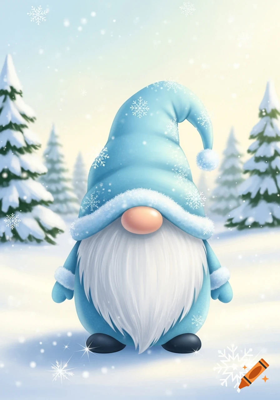 A cute, cartoonish winter gnome in a light blue hat and outfit, with a white beard and a large nose, standing in a snowy forest with falling snowflakes.