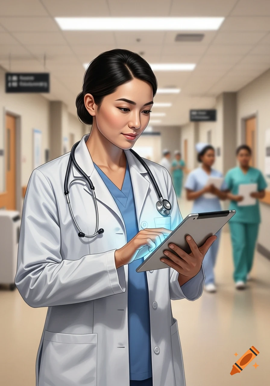 A female doctor in a white lab coat and blue scrubs uses a glowing tablet in a hospital hallway, with blurred figures in the background.