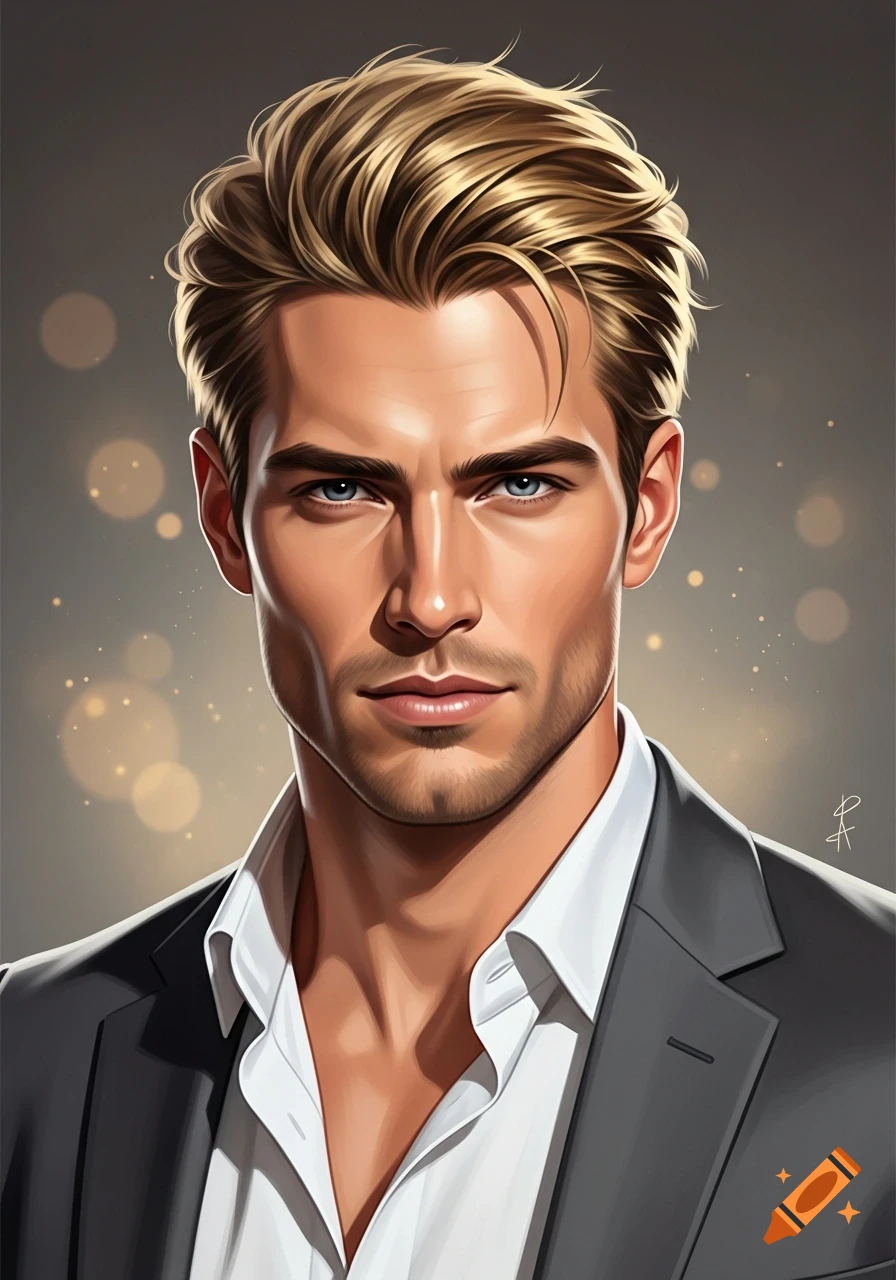 A handsome man with blonde hair and blue eyes, wearing a dark suit jacket and white shirt, depicted in an illustrative style.