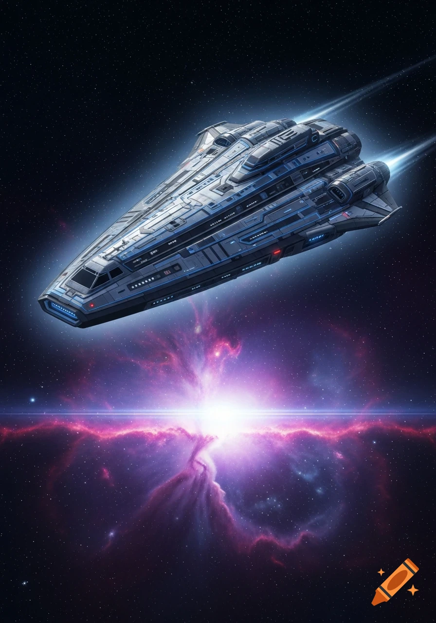 A futuristic spaceship with blue glowing engines speeds past a vibrant pink and purple nebula in deep space, filled with stars.