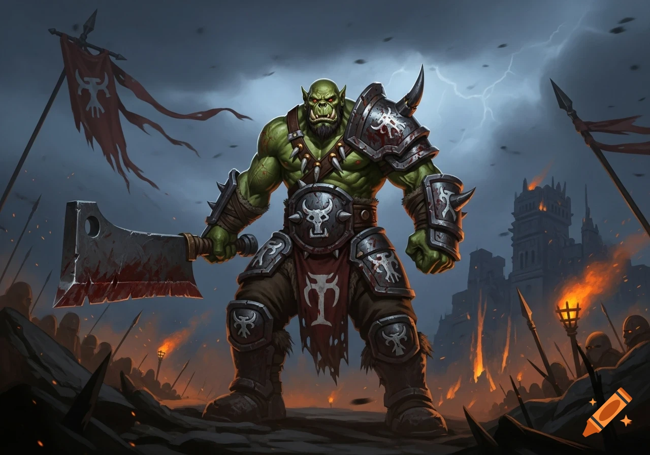 A powerful green orc warrior with a bloody cleaver and spiked armor stands on a battlefield with fires under a stormy sky.