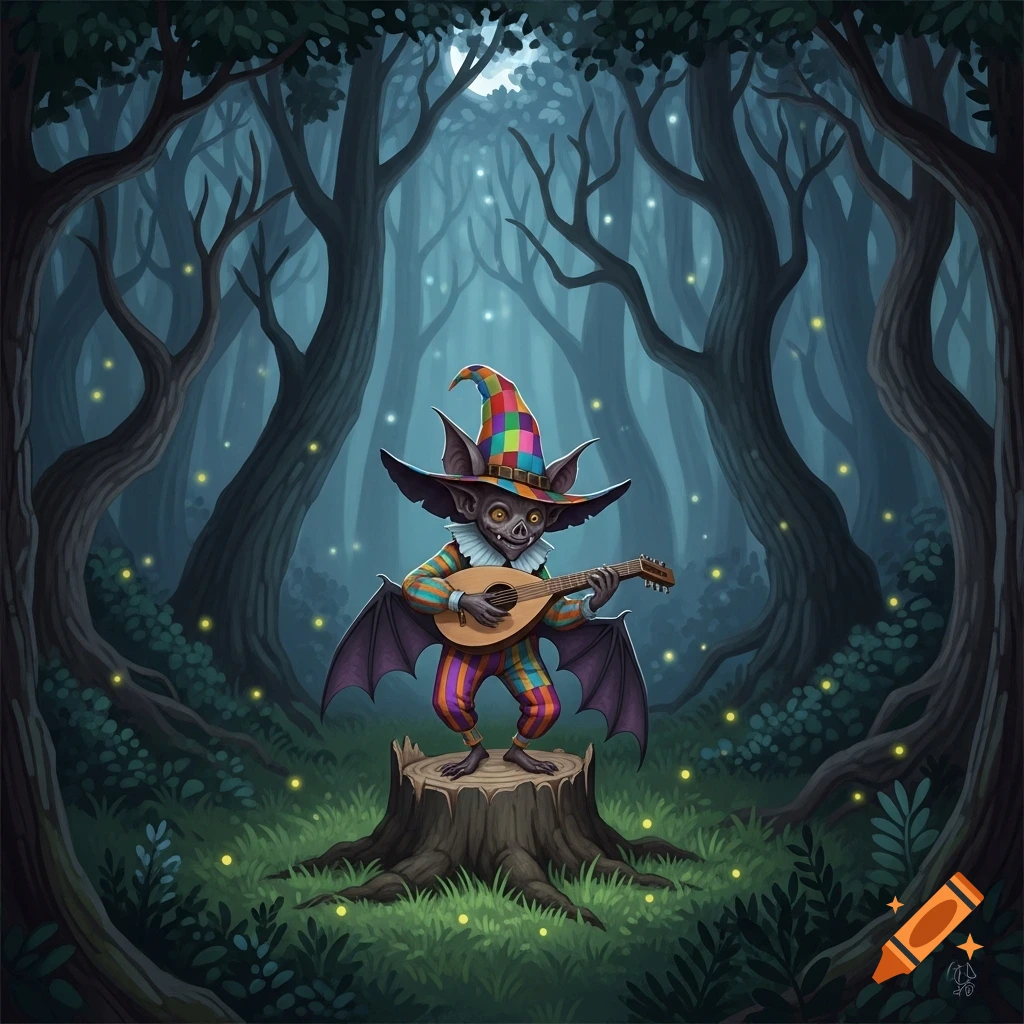 A whimsical bat-faced goblin bard plays a lute while standing on a tree stump in a dark, glowing fairytale forest.